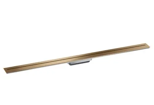 Duschrinne aus Metall in Brushed Bronze von AXOR, längliche Bauform mit zwei schmalen Rillen auf der Oberfläche, geeignet zur Wandmontage.